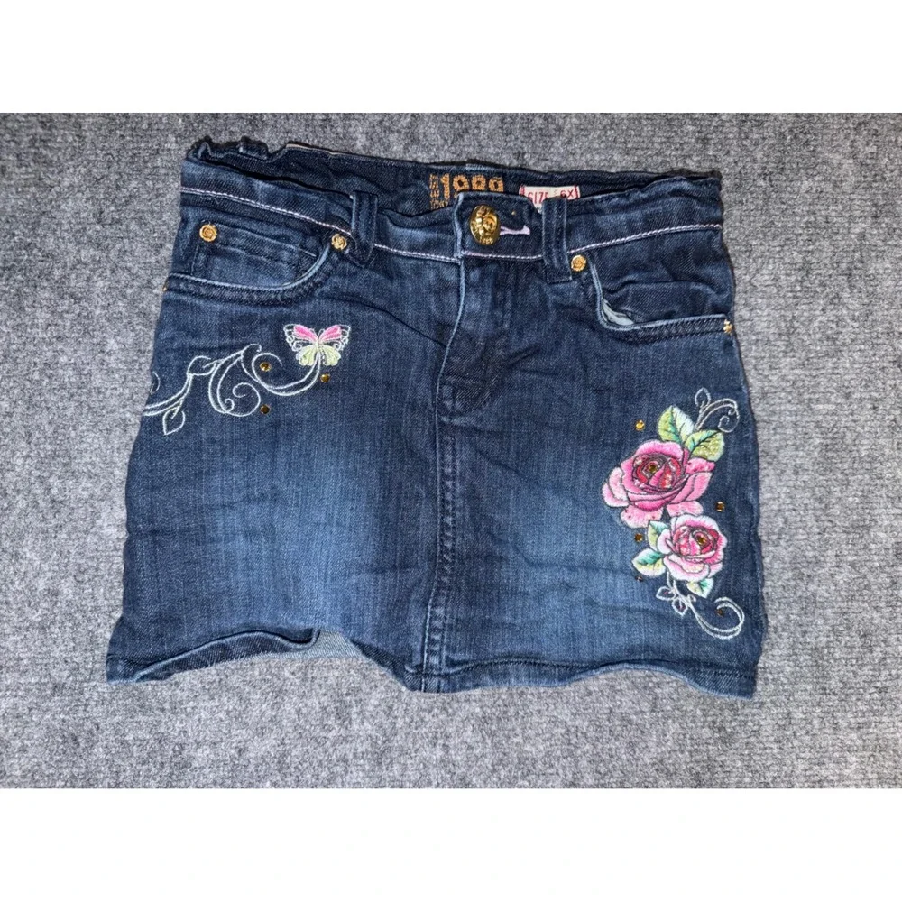 Childrens Place Vintage Toddler girls 4T Blue Jean Skort embroidered Rose Flower